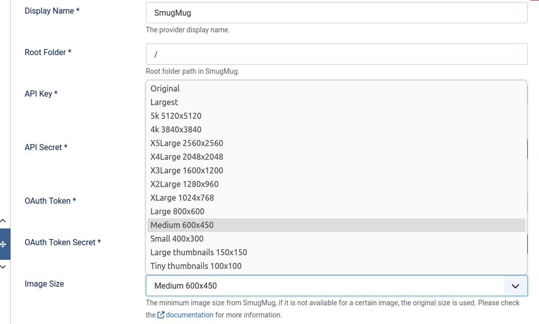 SmugMug image size list
