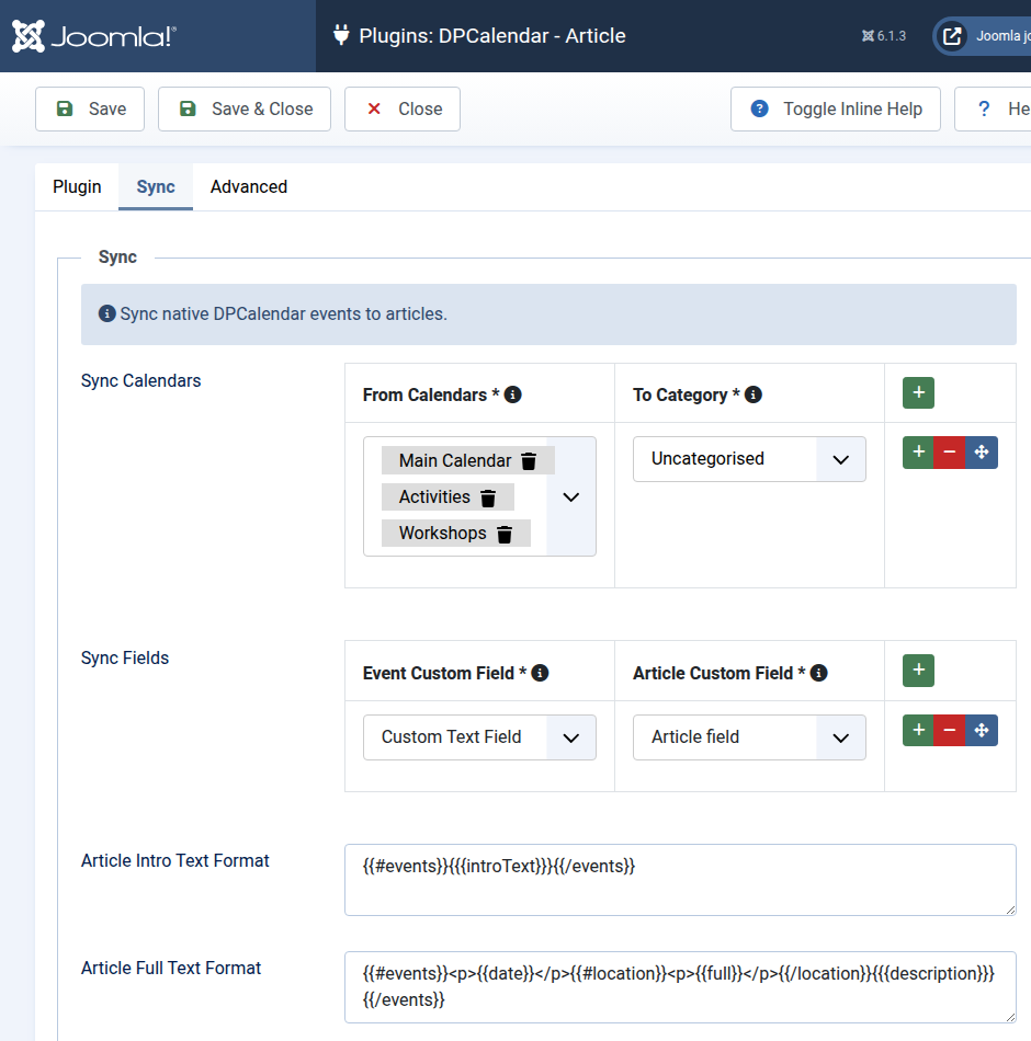 Article sync configuration
