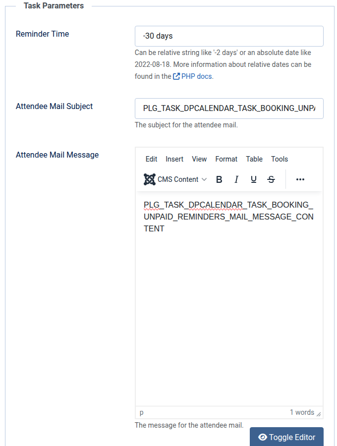 Task params booking reminders