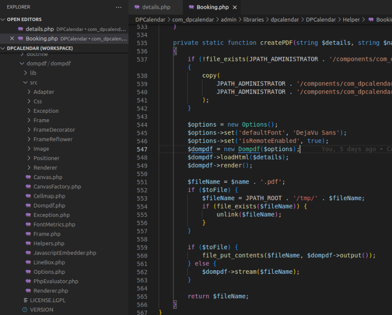 Dompdf in use in DPCalendar