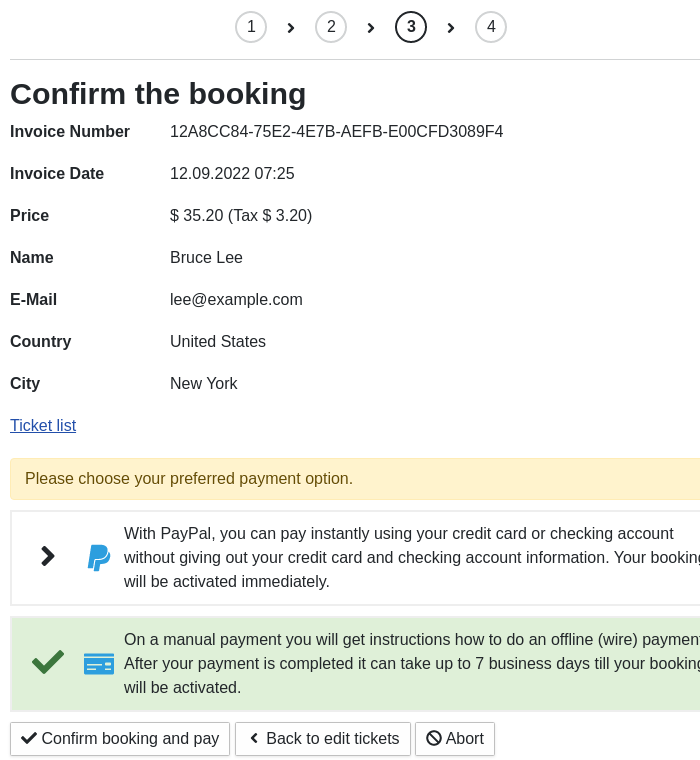 Payment confirmation step in booking wizard